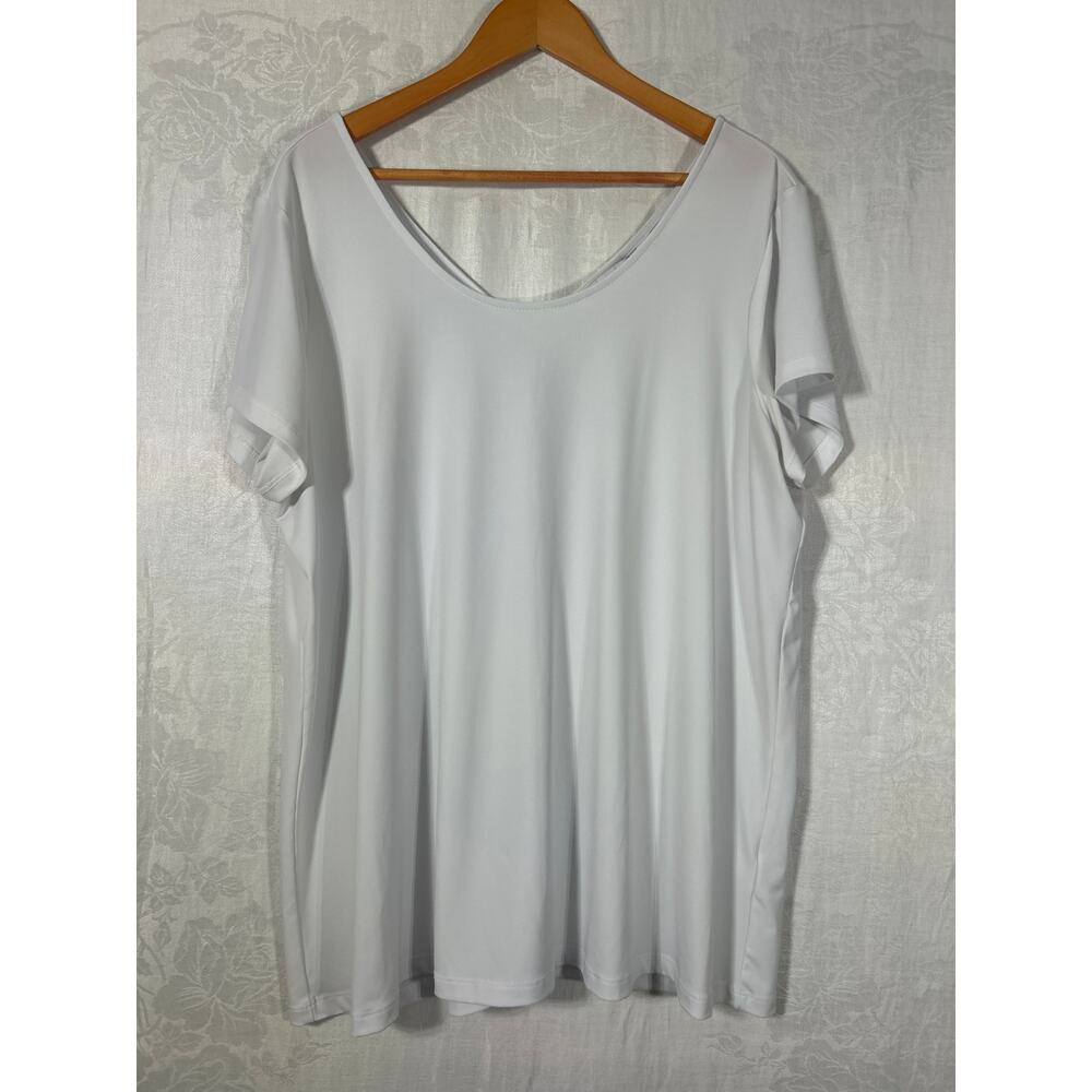 Susan Graver Top XL White Liquid Knit Back Button Detail Short Sleeve - Picture 6 of 9